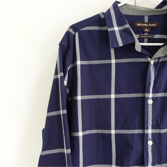 Michael Kors Sz XL Tailored Classic Fit Plaid LS Button Down Dress Shirt Navy - Picture 4 of 11